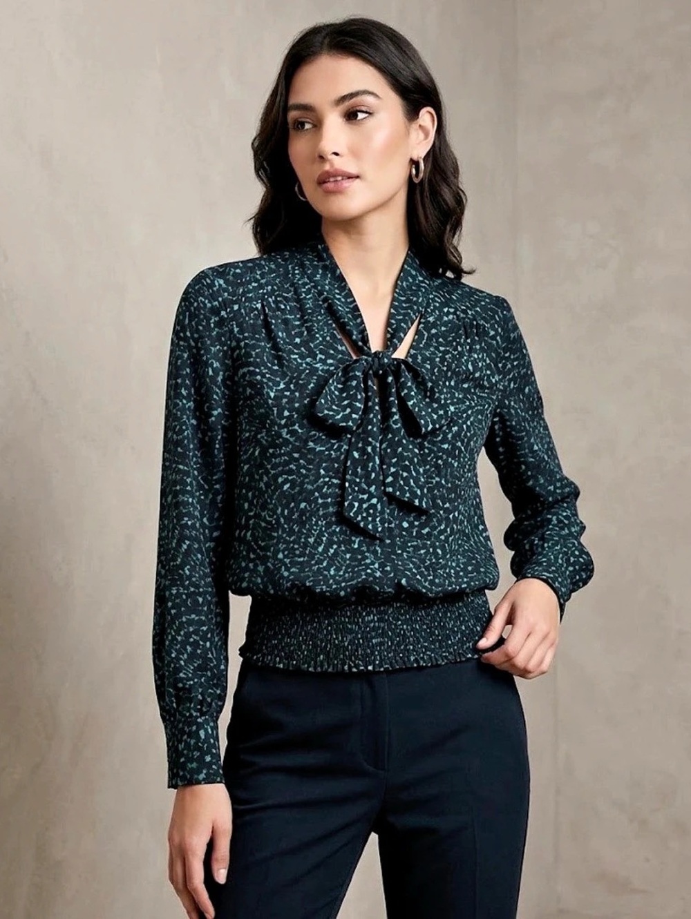 Laura PetitesAnimal Print Bow Neck Blouse